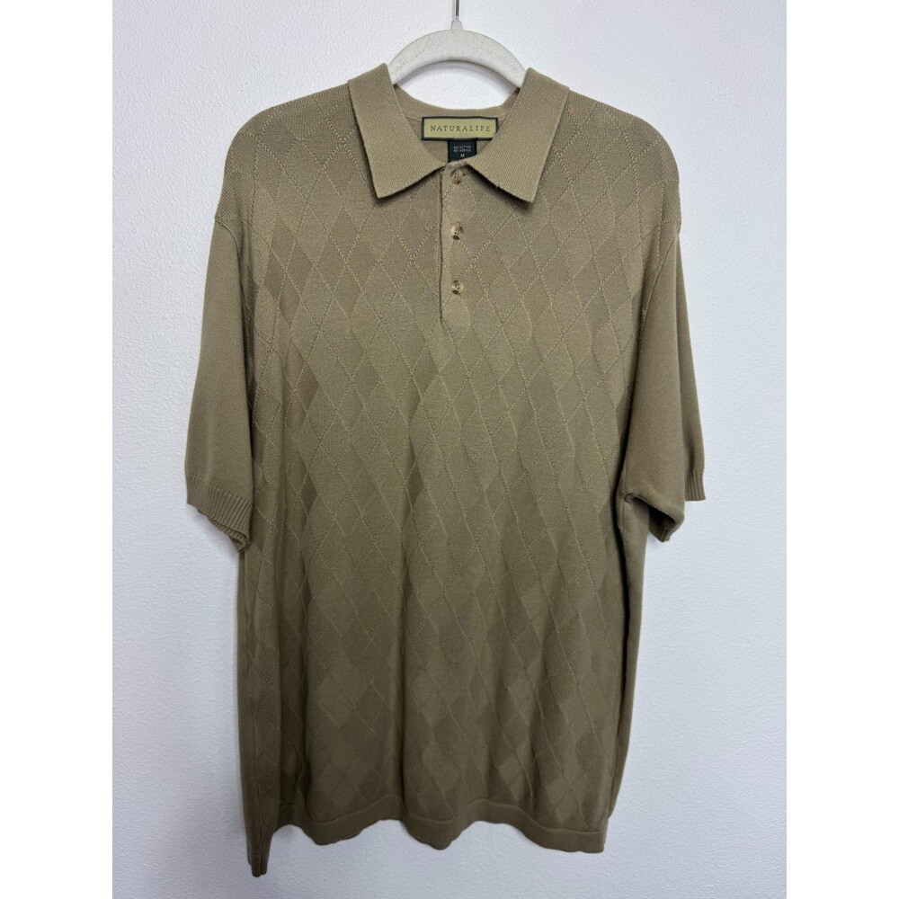 Naturalife Mens Medium Diamond Print Knit Polo Shirt Tan Short Sleeve Collared